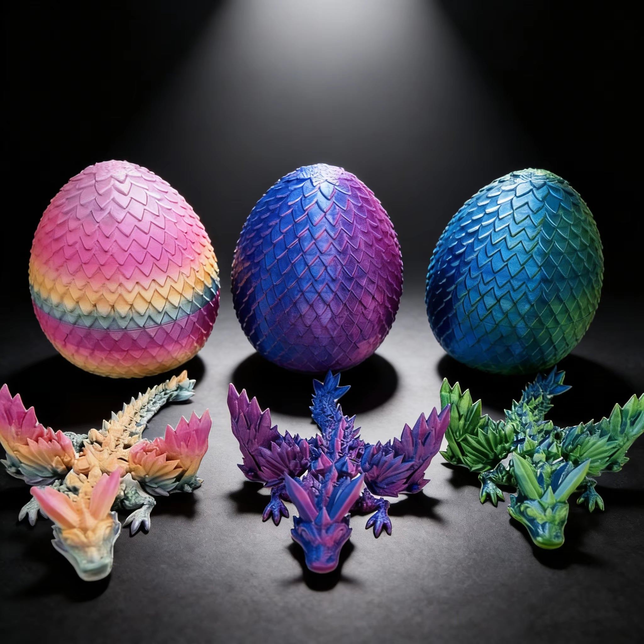 Colorful Gemstone 3D-Printed Dragon Egg Figurine with Wings and Egg Shape, Featuring Flexible Joints and Handcrafted Desktop Dec
