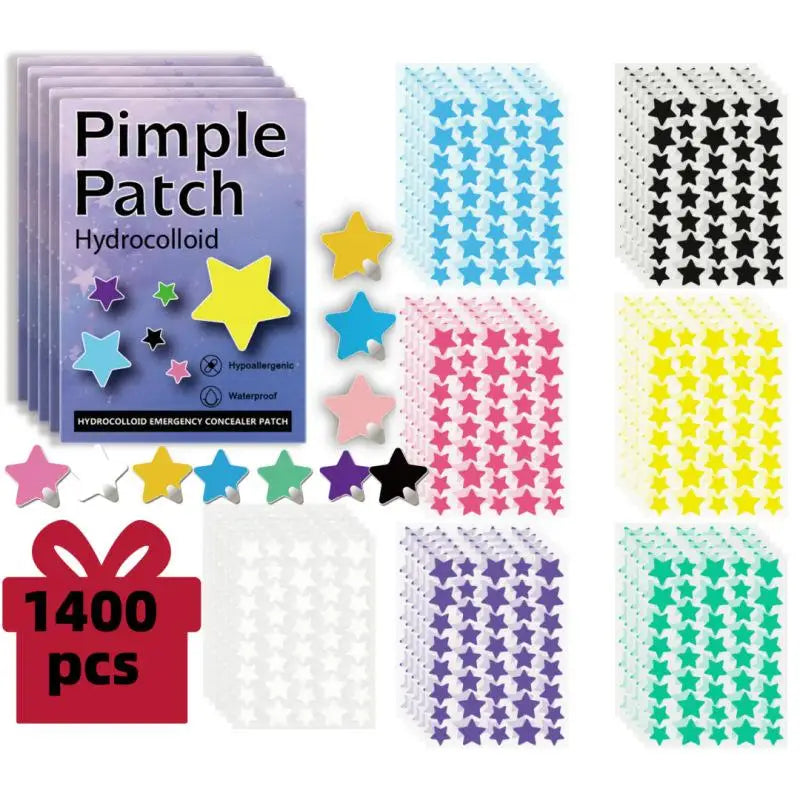 1400Pcs Colorful Star Acne Patches Set, Combination Pimple Cover Stickers, Face Concealer for Blemishes & Blemish Spot Treatment